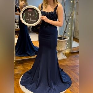 Beautiful Prom Dress** navy blue full length with open back.  Very slimming.